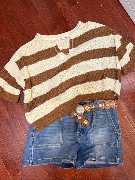 Zenana Outfitters Sweaters - Zenana Outfitters Cream and Brown Striped V-Neck Knit Top